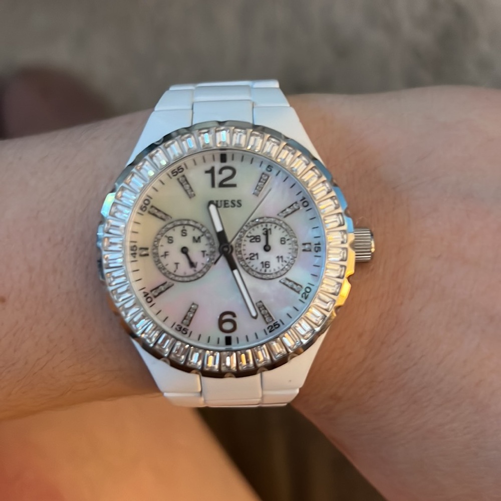 Guess Mother of Pearl Swarovski Crystal Large Face White Bracelet Watch 40mm